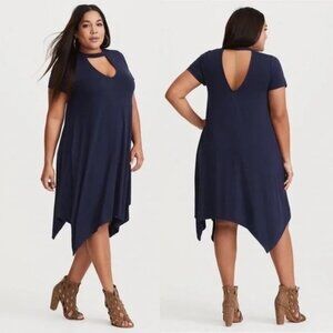 Torrid Trapeze Jersey Navy Dress Mirrored Keyhole CutOuts Short Sleeve Large/12